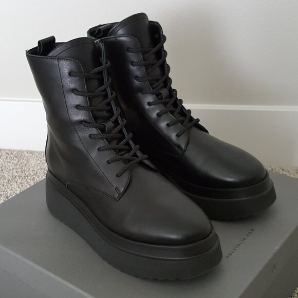 Aquatalia Shoes - Aquatalia Ornella Boot 9.5 Platform Black Leather Weatherproof Moto Combat Lace